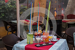 Cozy cafe on the street with  Spanish drinks on the table, Spain, Barcelona, Ã¢â¬ÂÃ¢â¬Â¹Ã¢â¬ÂÃ¢â¬Â¹March 01, 2019